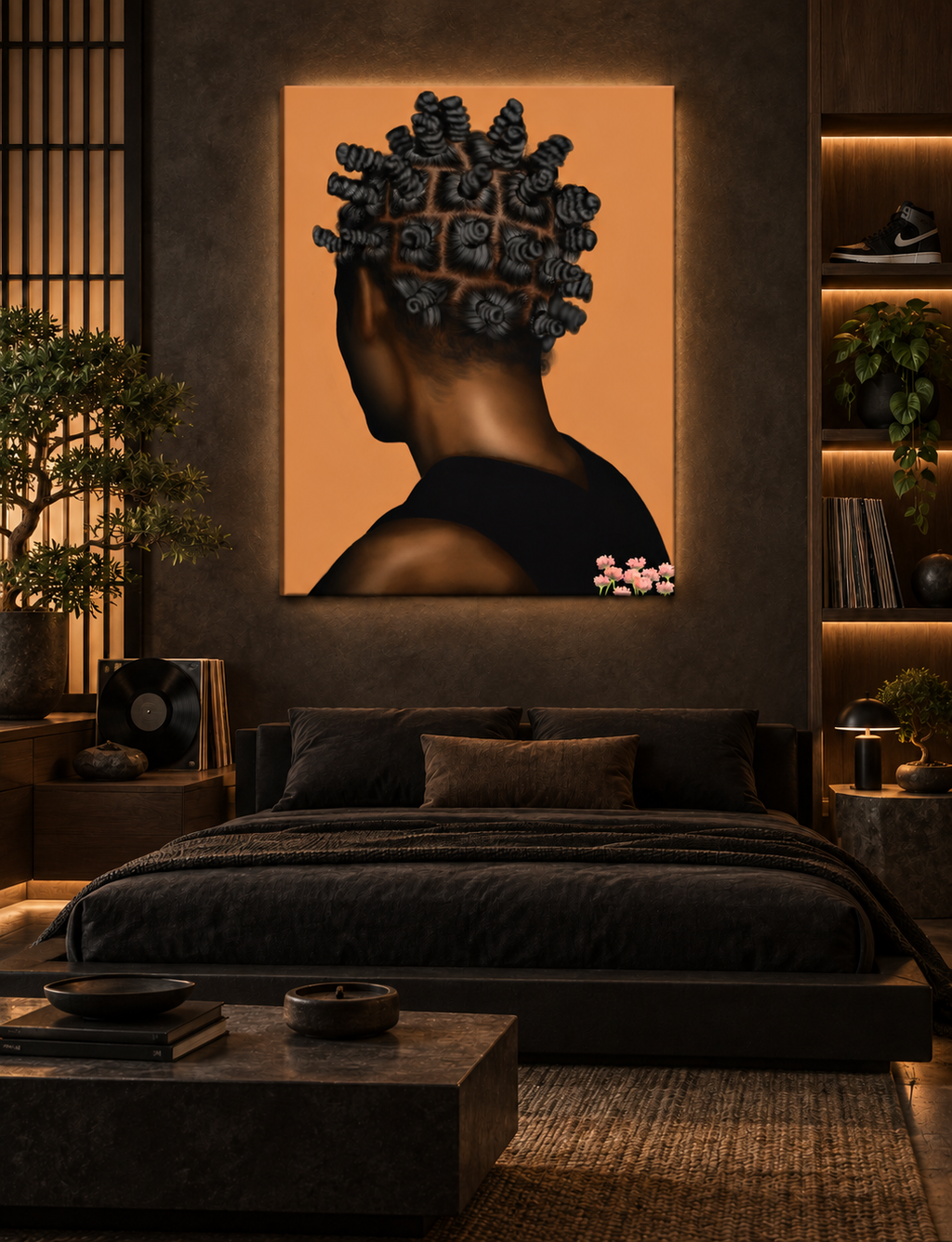 BANTU MEN tan canvas in a luxury Japanese urban bedroom