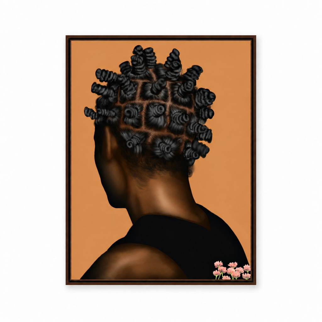 BANTU MEN tan wall art in thin brown frame on white background