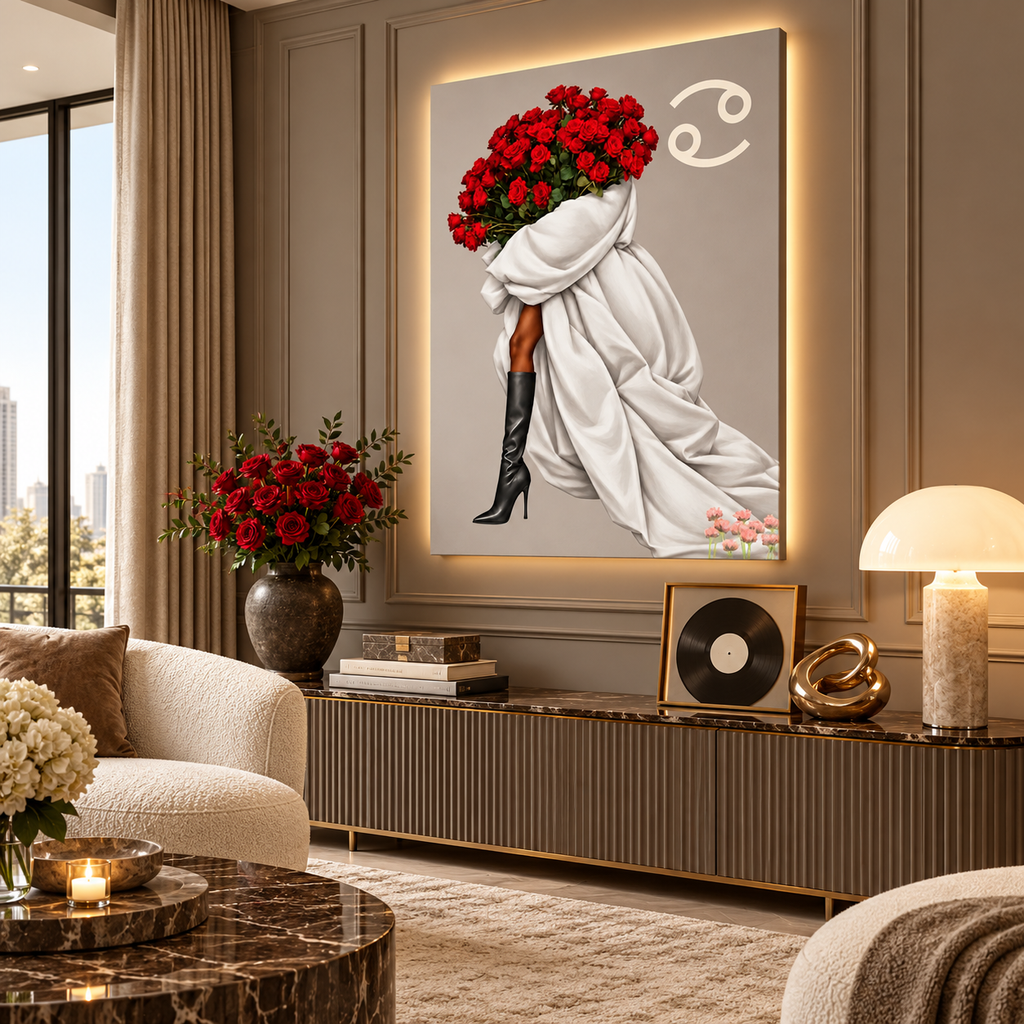 Cancer Written in Bloom zodiac wall art — angled room view