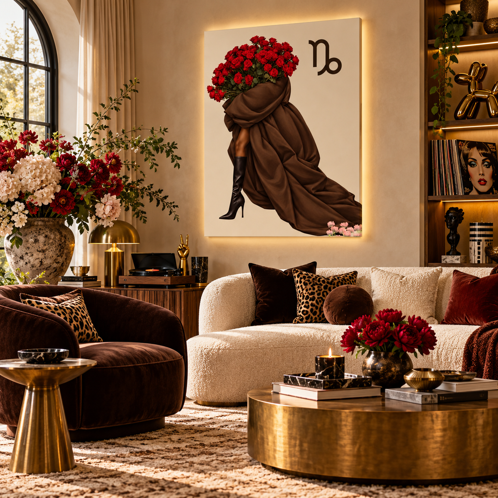 Capricorn Written in Bloom zodiac wall art — living room view