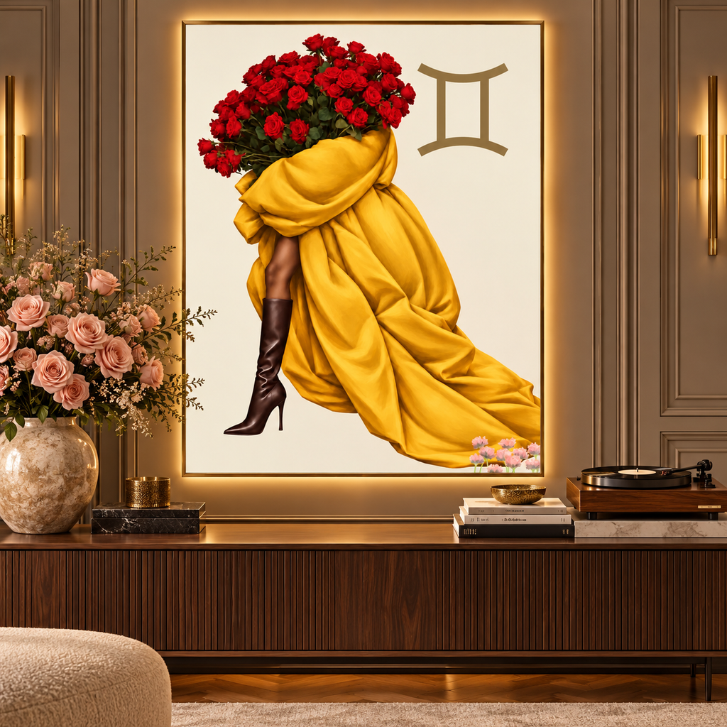 Gemini Written in Bloom zodiac wall art — styled canvas display