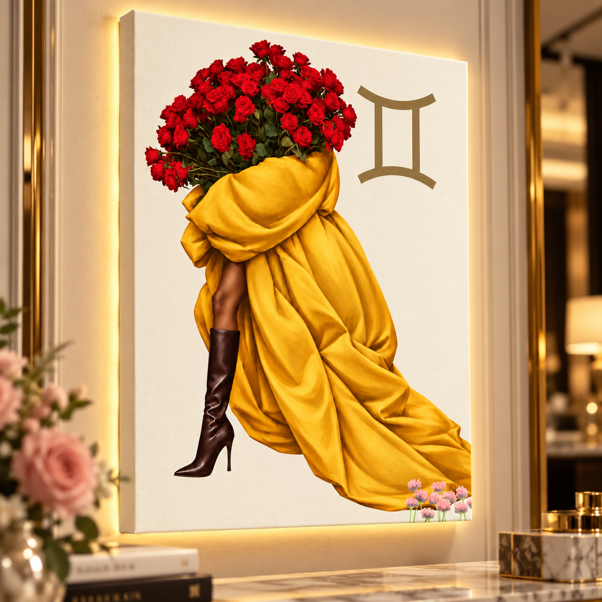 Gemini Written in Bloom zodiac wall art — canvas close-up