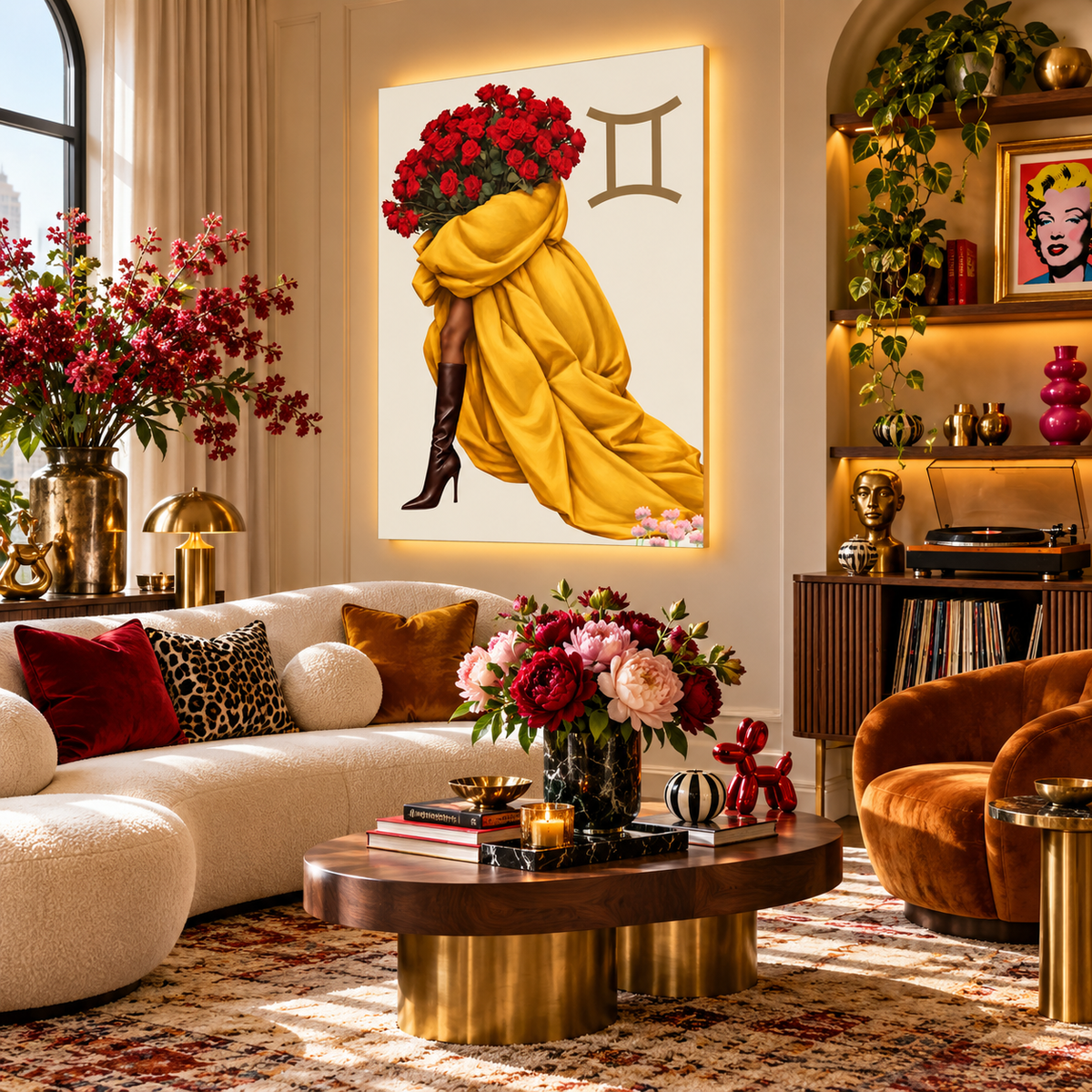 Gemini Written in Bloom zodiac wall art — living room view