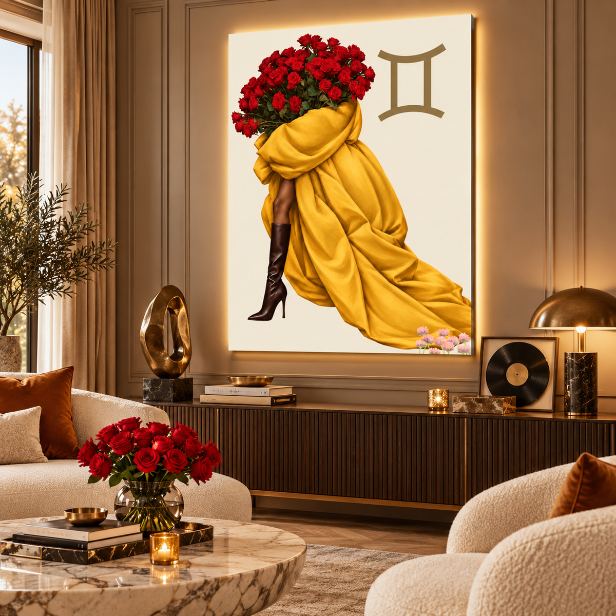 Gemini Written in Bloom zodiac wall art — angled room view