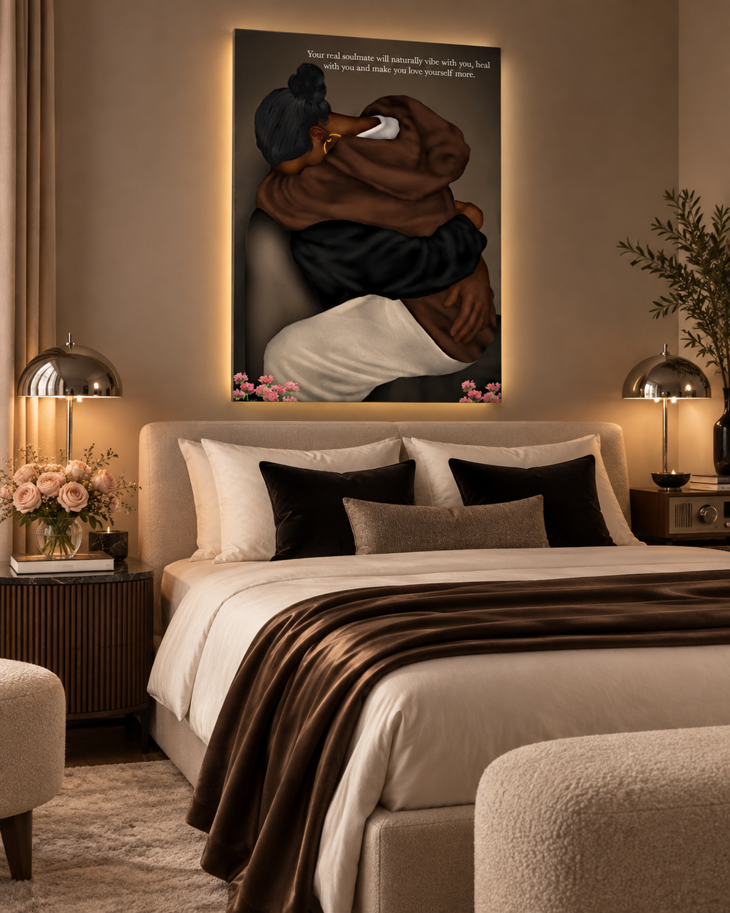Hold Me Close wall art in a modern hotel suite