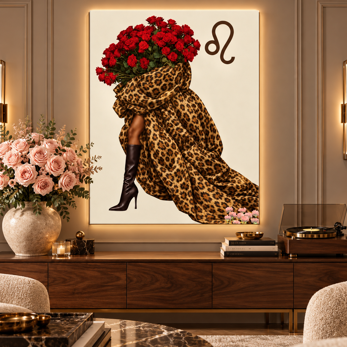 Leo Written in Bloom zodiac wall art — styled canvas display