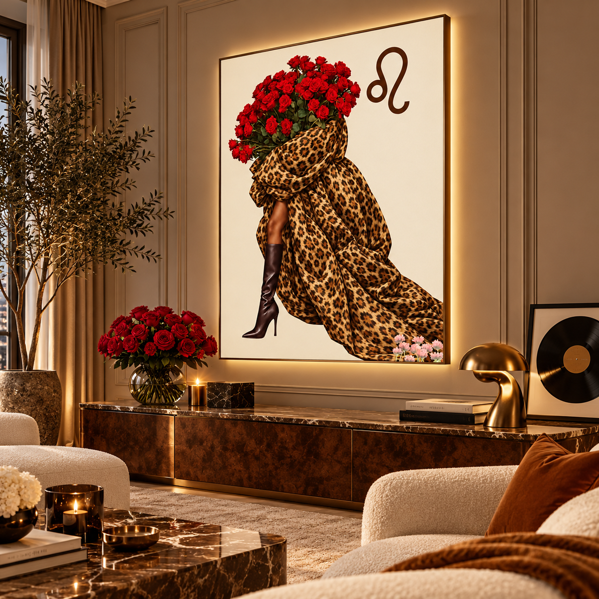 Leo Written in Bloom zodiac wall art — angled room view