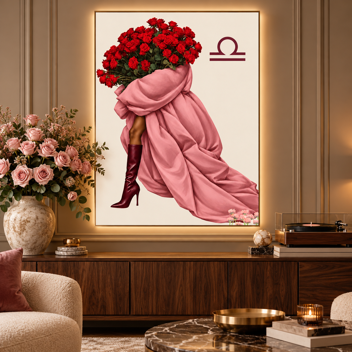 Libra Written in Bloom zodiac wall art — styled canvas display