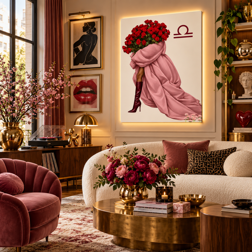 Libra Written in Bloom zodiac wall art — living room view
