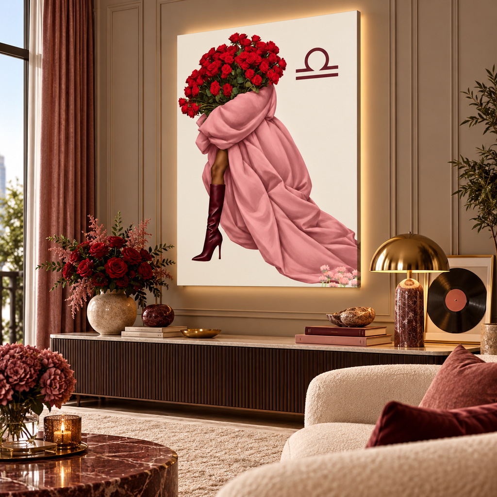 Libra Written in Bloom zodiac wall art — angled room view