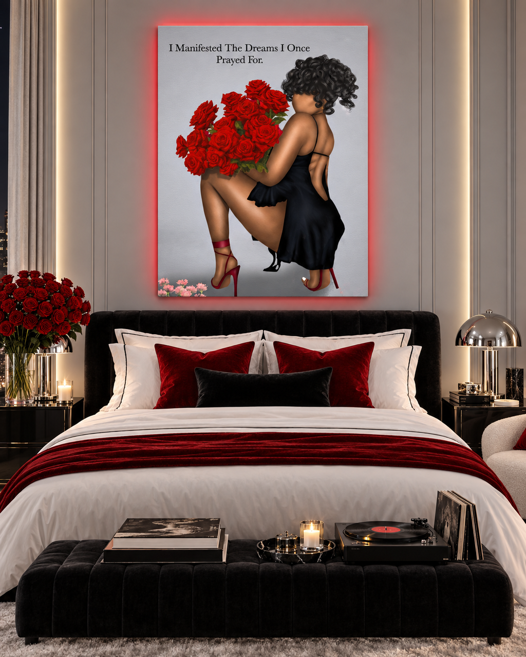 MANIFEST wall art in a glamorous luxury bedroom