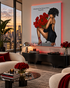 MANIFEST wall art in a modern penthouse living room
