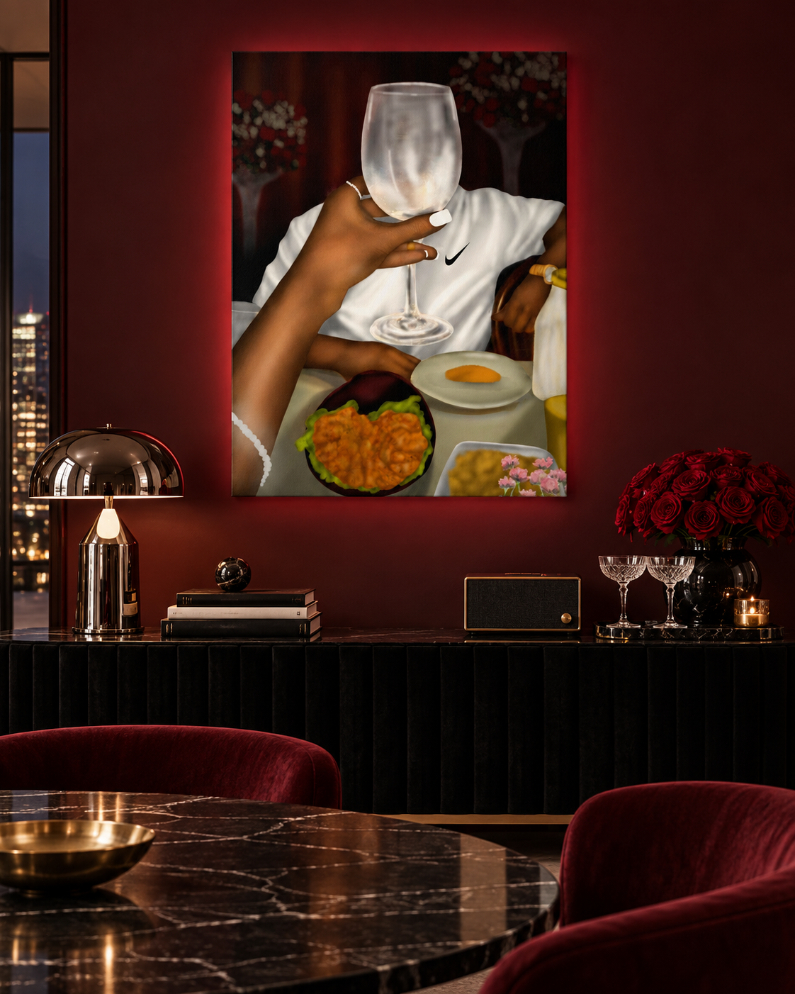 NO FACE NO CASE wall art in a burgundy luxury interior