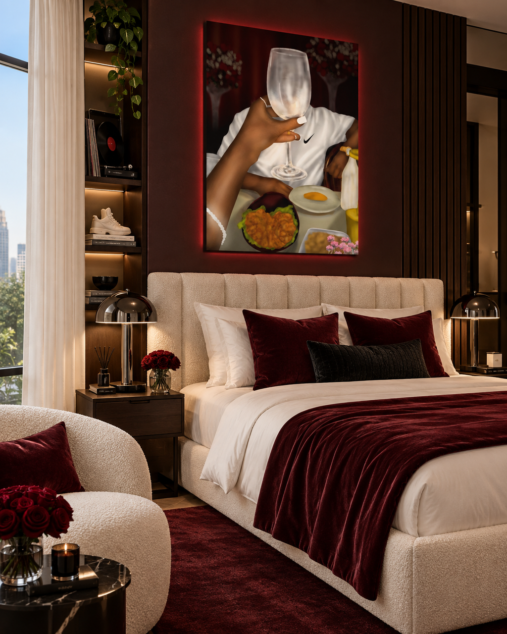 NO FACE NO CASE wall art in a luxury bedroom