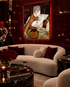 NO FACE NO CASE wall art in a modern cocktail lounge
