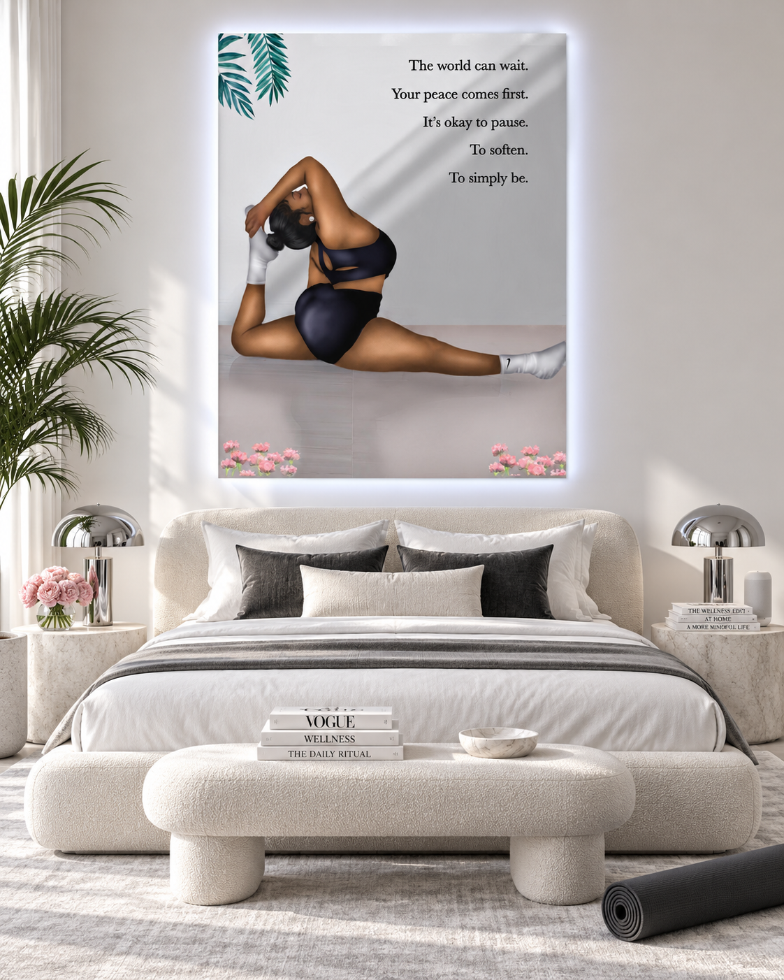 Peace Comes First wall art in a serene luxury bedroom