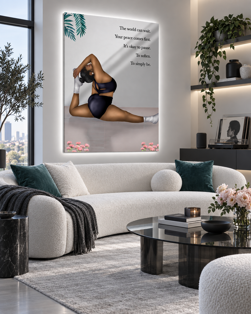 Peace Comes First wall art in a modern living room