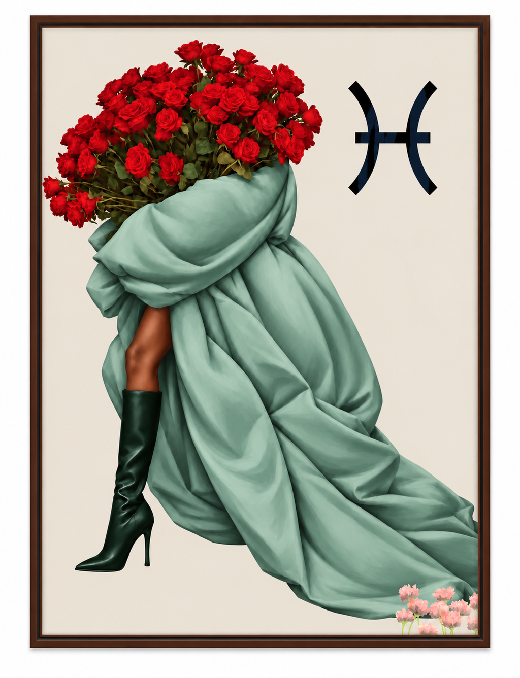 Pisces Written in Bloom zodiac wall art — framed display on white
