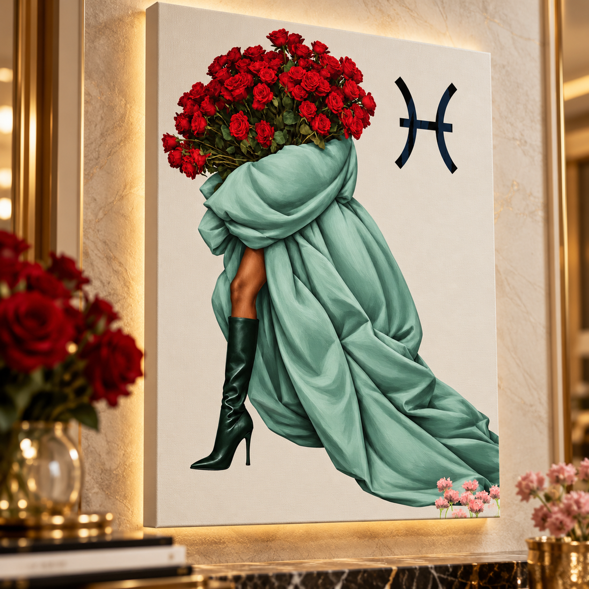 Pisces Written in Bloom zodiac wall art — canvas close-up
