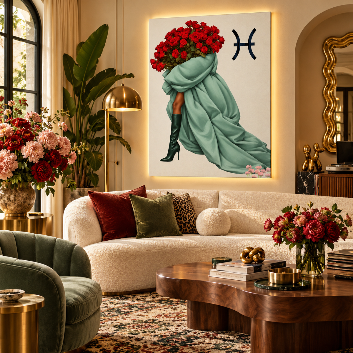 Pisces Written in Bloom zodiac wall art — living room view