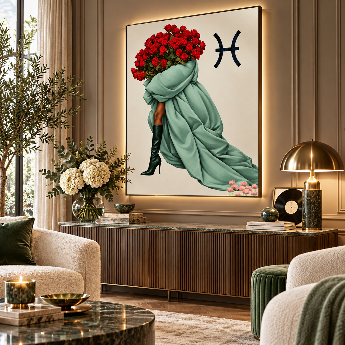 Pisces Written in Bloom zodiac wall art — angled room view