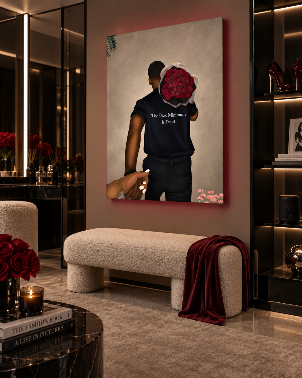 Prince Charming wall art in a luxury dressing lounge