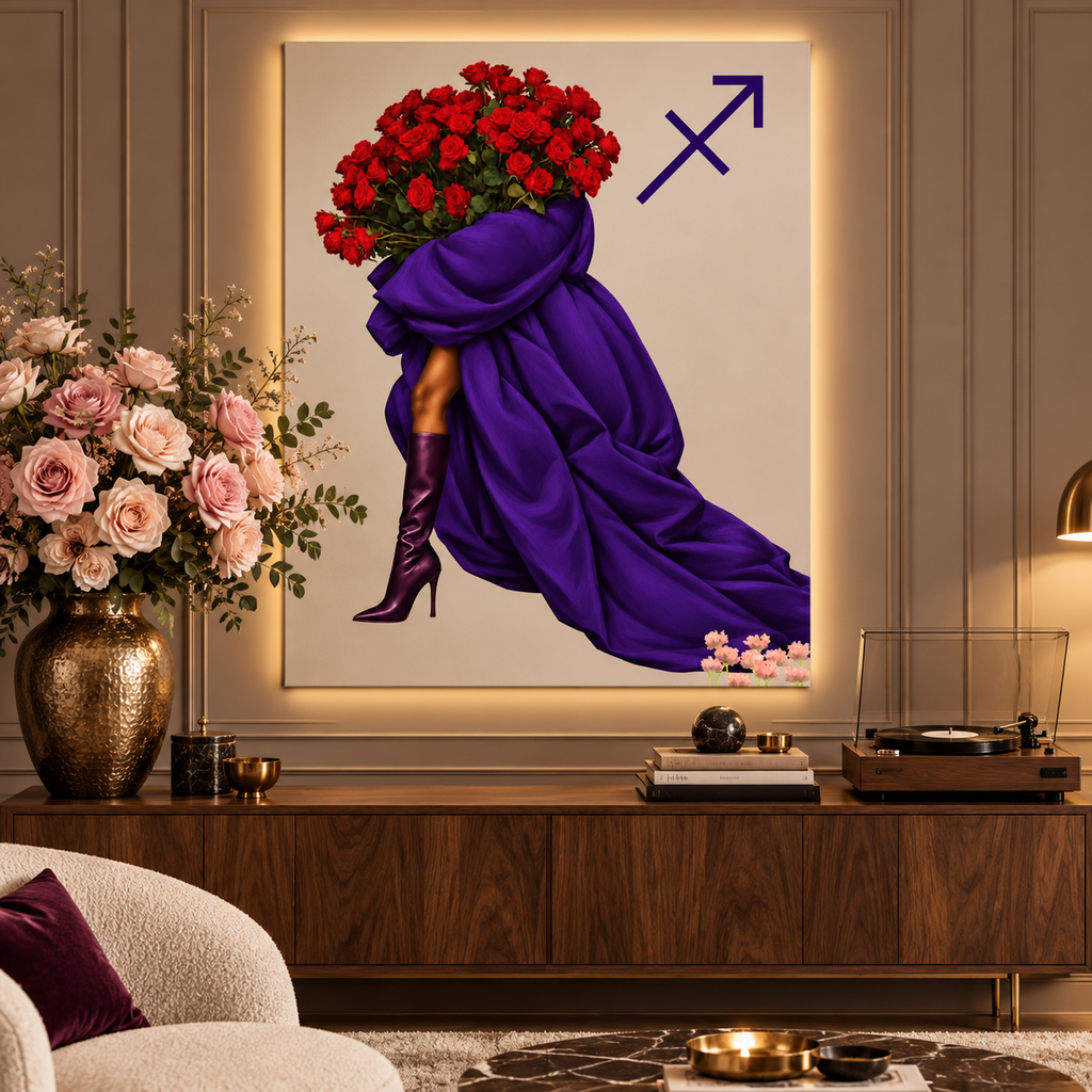 Sagittarius Written in Bloom zodiac wall art — styled canvas display