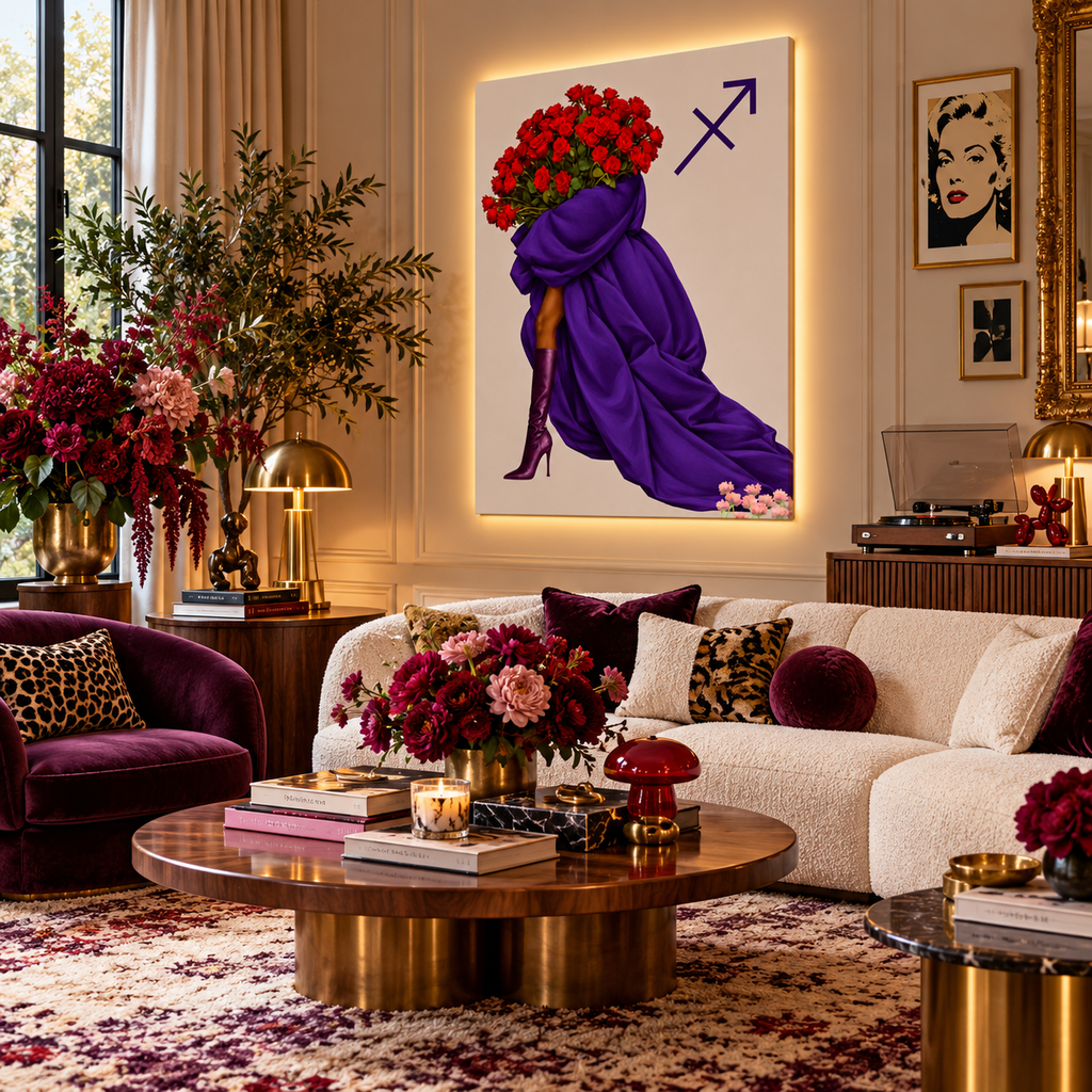 Sagittarius Written in Bloom zodiac wall art — living room view