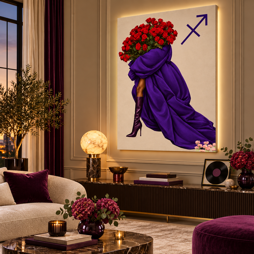 Sagittarius Written in Bloom zodiac wall art — angled room view