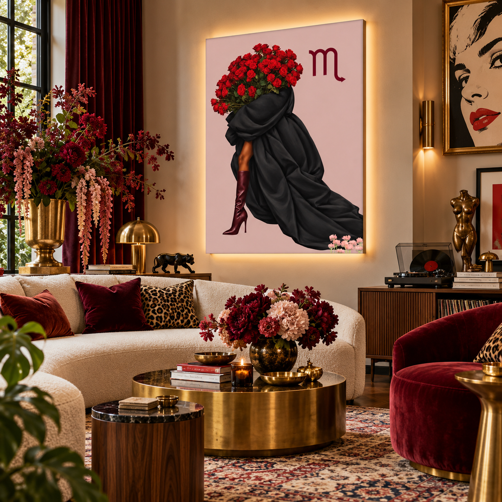 Scorpio Written in Bloom zodiac wall art — living room view
