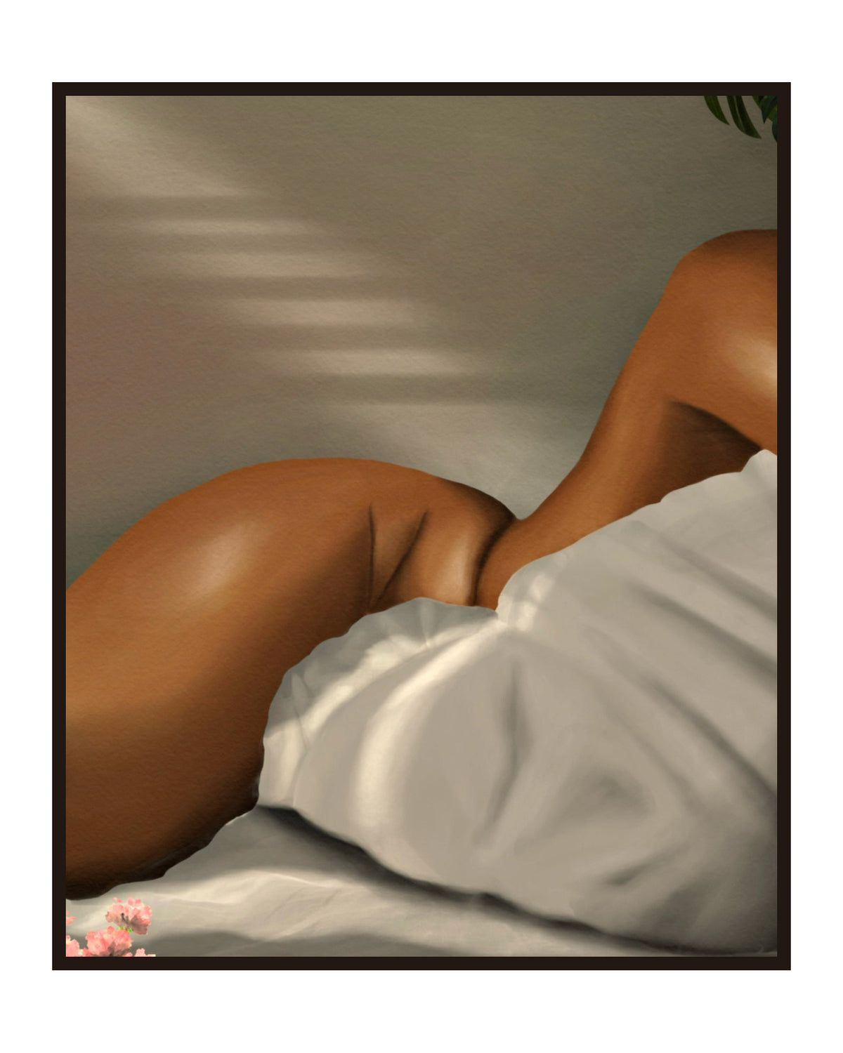 SLEEPING IN Poster in a slim dark frame on a pure white background