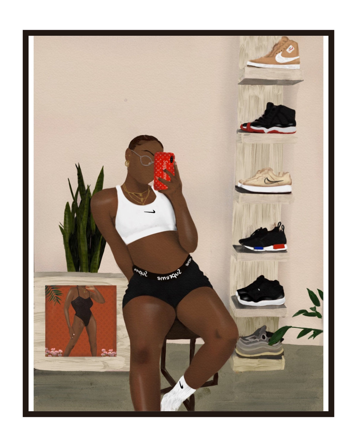 Sneaker Head poster in a slim dark frame on a pure white background
