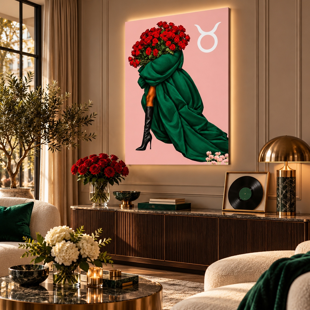 Taurus Written in Bloom zodiac wall art — angled room view