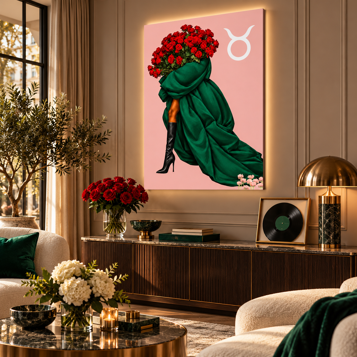 Taurus Written in Bloom zodiac wall art — angled room view