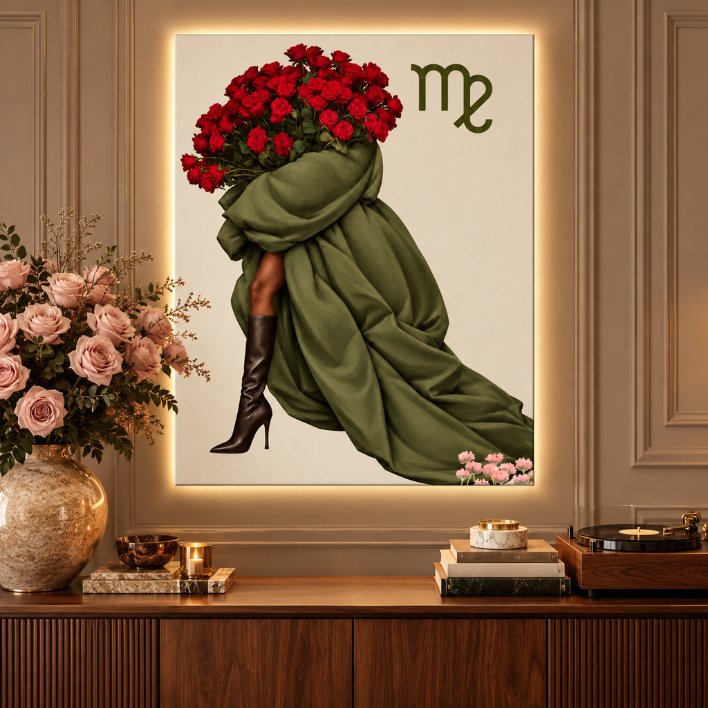 Virgo Written in Bloom zodiac wall art — styled canvas display
