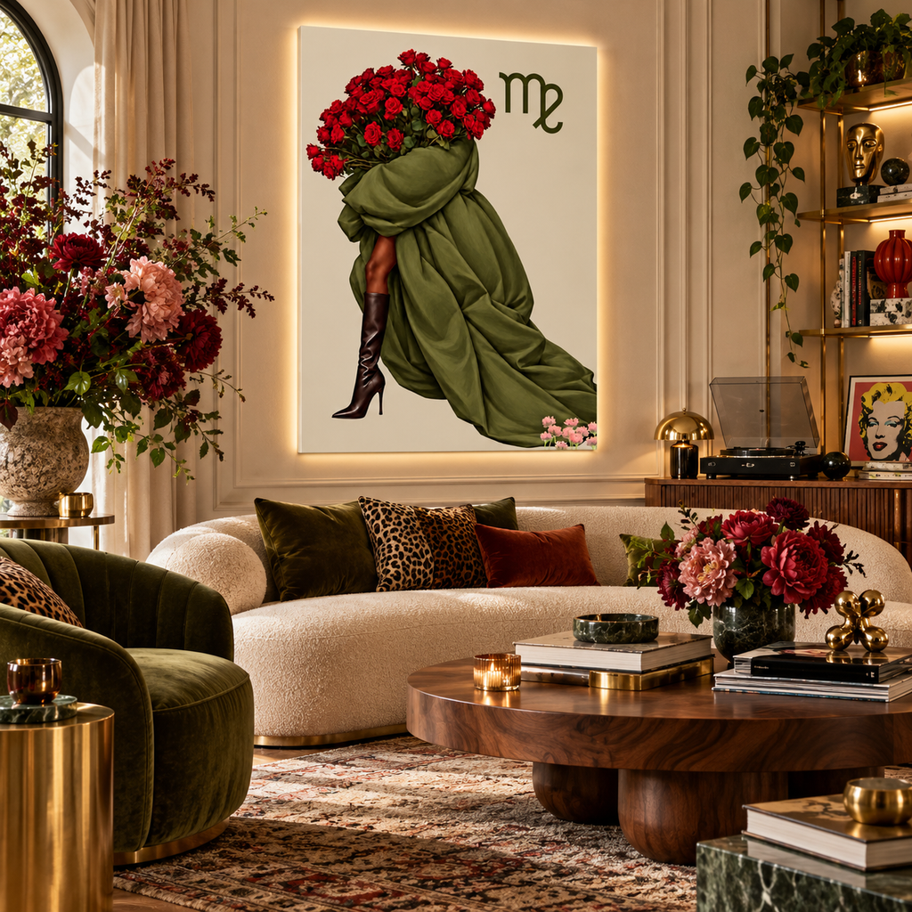 Virgo Written in Bloom zodiac wall art — living room view