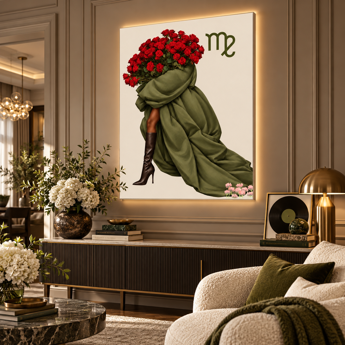 Virgo Written in Bloom zodiac wall art — angled room view