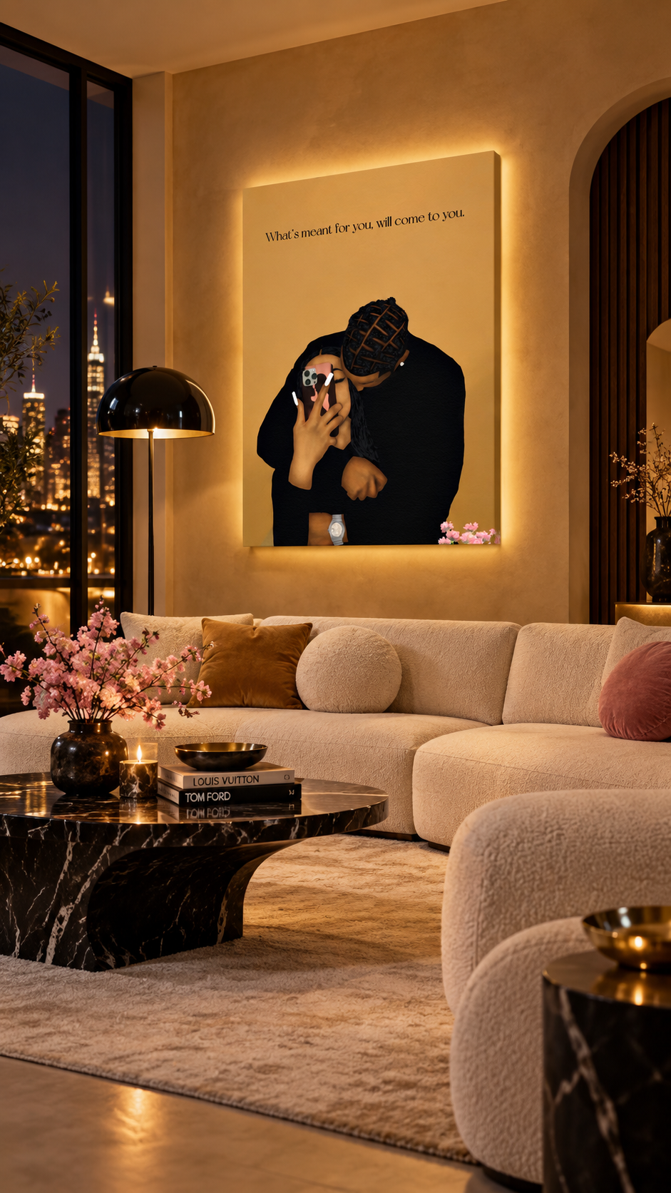 What's Meant For You canvas displayed above a cream sofa with pink floral accents