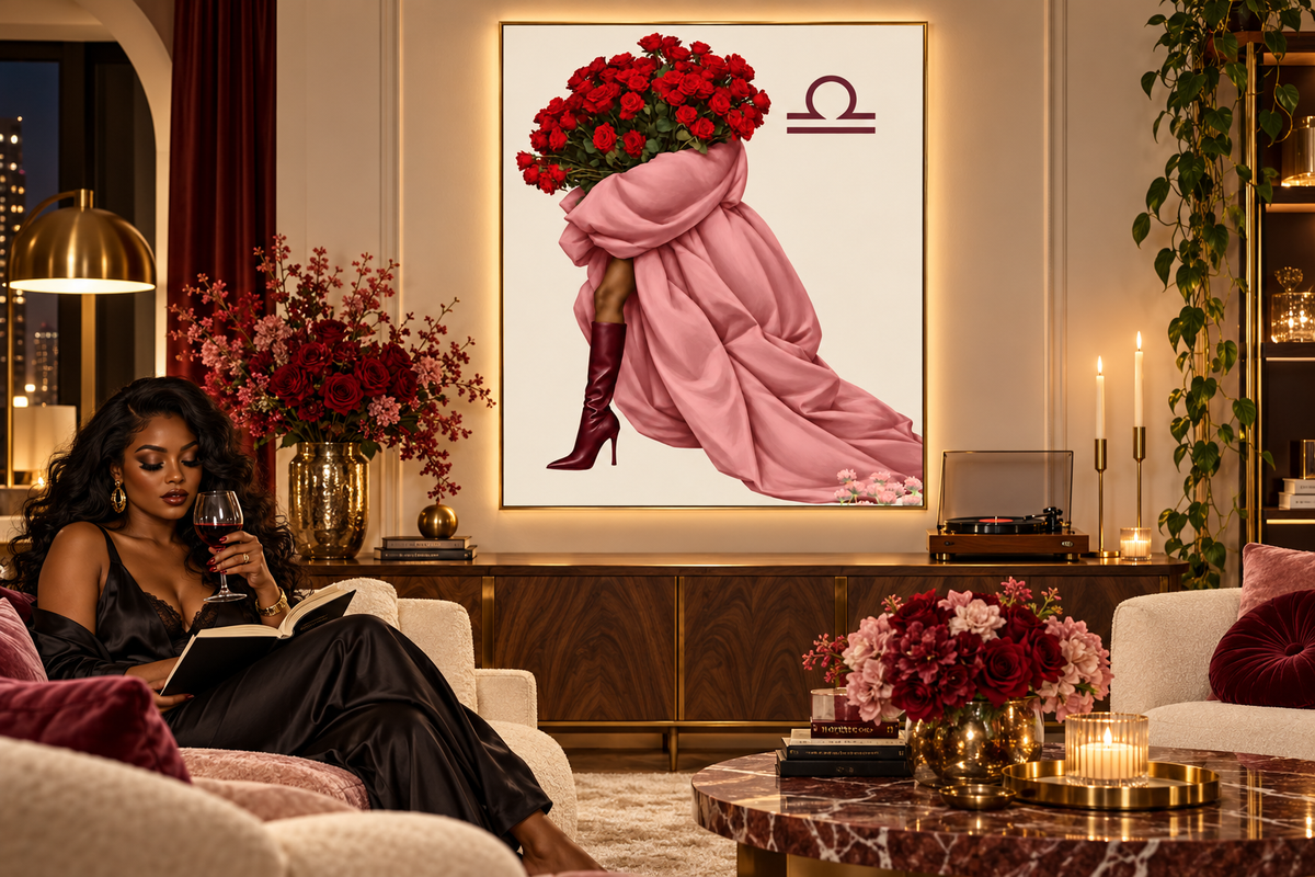 Libra artwork takes center stage in a luxurious living room, with a woman reading and enjoying wine.